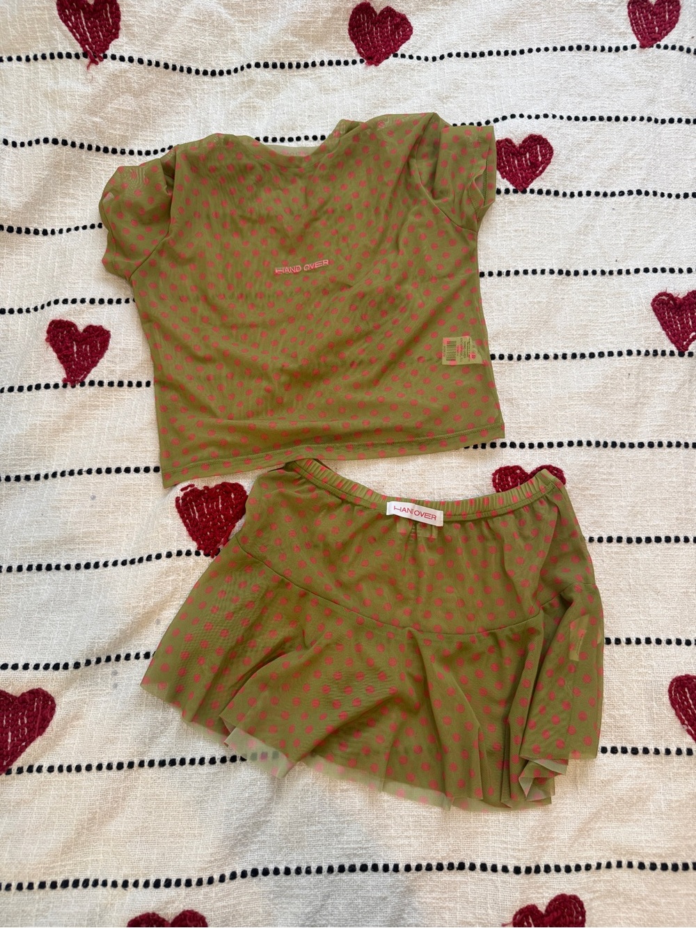 HAND OVER Green Two-Piece Polka Dot Set with Pink Dots